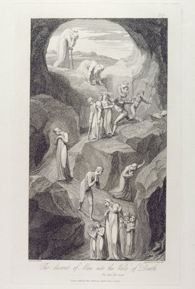 A Descida do Homem no Vale da Morte, pl.8, ilustração de "O Túmulo, Um Poema", de William Blake (1757-1827) gravado por Luigi Schiavonetti (1765-1810), 1808 de William Blake