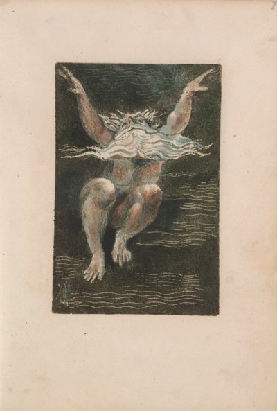 O Primeiro Livro de Urizen, pl.7 (Um homem nu com uma barba branca flutuante que parece estar subindo em águas profundas) 1794 (cor impressa relevo gravura com wc) de William Blake