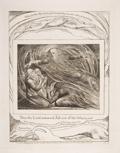 O Senhor Respondendo a Jó fora do Turbilhão, de Ilustrações do Livro de Jó, 1825-26. de William Blake