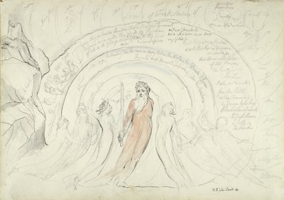 As Sombras de Homero e outros Poetas da Antiguidade, ilustração para a Divina Comédia de Dante Alighieri, 1824-27 (caneta e tinta com wc sobre lápis e giz sobre papel) de William Blake