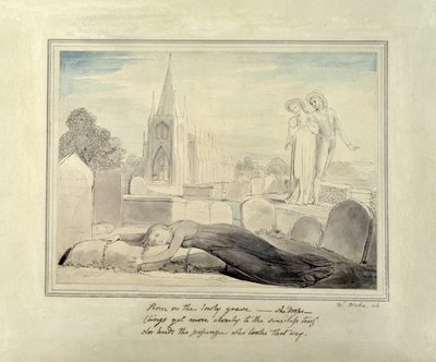 A Viúva Abraçando o Túmulo do Marido (caneta e pincel e tinta preta e wc no papel) de William Blake