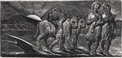Com canções, os Jovial Hinds Return from Plough, ilustração de &39;The Pastorals of Virgil&39;, do Dr. Thornton de William Blake