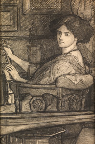 Lena, a filha do artista, com um violino (carvão) de William Blake Richmond