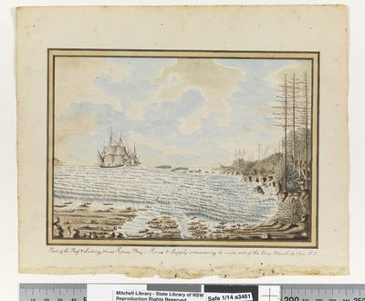 Em frente, p. 194. "Parte do Recife & Landing coloca Sydney Bay; Sirius & Supply esforçando-se para trabalhar fora da baía. Março 19 1790