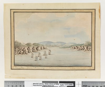 Em frente, p. 56. "Baía de Botany. Sirius & Convoy a entrar: Divisão de Abastecimento e Agentes na Baía. 21 Janry 1788