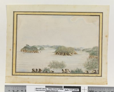 Em frente, p. 93. "SW. Braço de Broken Bay New South Wales a partir de uma ilha na entrada. Sepr 1789