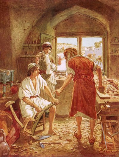 Cristo trabalhando com José como carpinteiro de William Brassey Hole