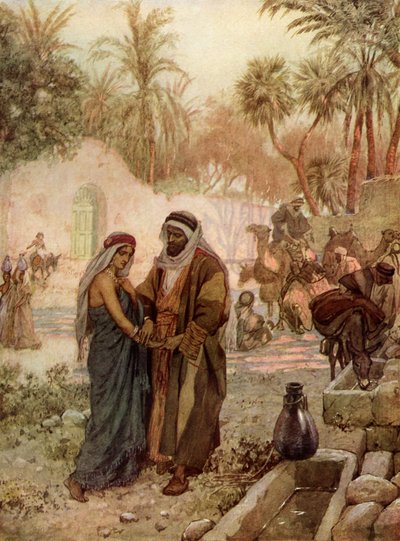 Eliezer e Rebeca Rebecca no poço - Bíblia de William Brassey Hole