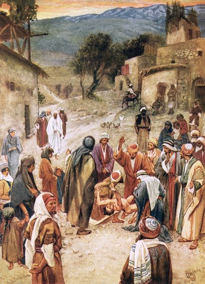 Jesus prestes a curar um rapaz do qual os seus discípulos tinham falhado em expulsar um demónio. de William Brassey Hole
