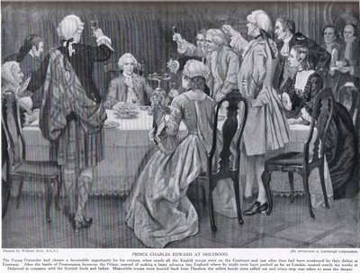 Príncipe Charles Edward em Holyrood, ilustração da "História da nação britânica" de Hutchinson, c.1923 de William Brassey Hole