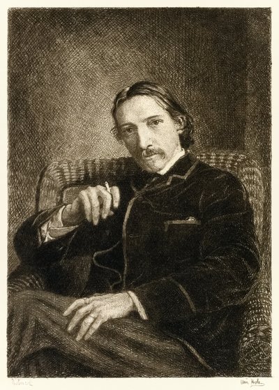 Robert Louis Stevenson (1850-1894) Autor britânico mais conhecido por seus livros best-seller Treasure Island, Kidnapped e Strange Case of Dr Jekyll e Mr Hyde. Ilustração de William Brassey Hole (1 de William Brassey Hole