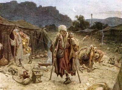Os quatro leprosos saqueando o acampamento dos sírios. - Bíblia de William Brassey Hole