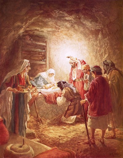 Os pastores encontrar o bebê Cristo deitado em uma manjedoura de William Brassey Hole