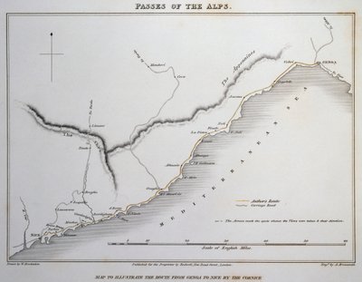 Mapa dos desfiladeiros dos Alpes Marítimos, estrada costeira entre Génova e Nice, de Ilustrações dos desfiladeiros dos Alpes através dos quais a Itália comunica com a França, Suíça e Alemanha, de William Brockedon (1787-1854), gravada em cobre, Londres de William Brockedon