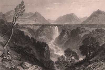 Vista das cascatas de Marmore (Cascata delle Marmore) perto de Terni, Úmbria, Itália, gravura em metal aço de James Tibbitts Willmore (1800-1863) segundo desenho de William Brockedon (1787-1854), cerca de 23x18,5 cm de William Brockedon