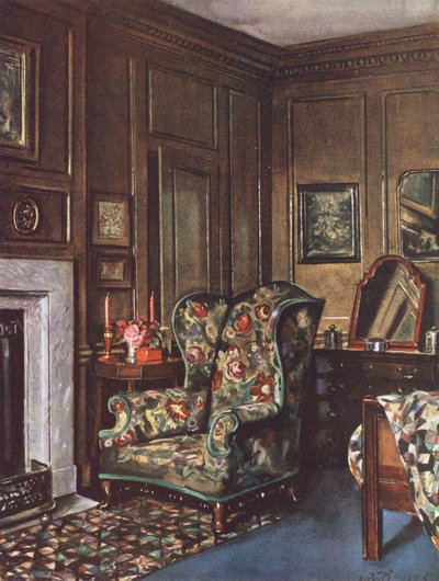 Decoração de interiores: Um quarto com paredes castanhas animado por cores vivas (litografia a cores) de William Bruce Ellis Ranken