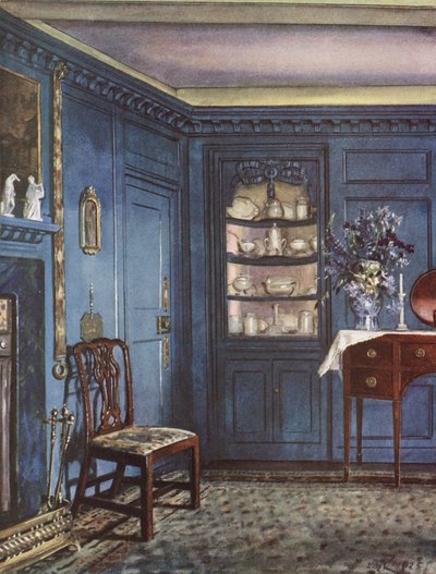 Decoração interior: Uma sala de jantar com paredes azuis pontilhadas (litografia a cores) de William Bruce Ellis Ranken