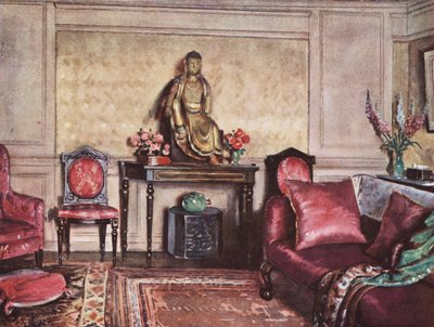 Decoração de interiores: Um esquema de mobiliário que mostra uma utilização bem sucedida de cor-de-rosa (litografia a cores) de William Bruce Ellis Ranken