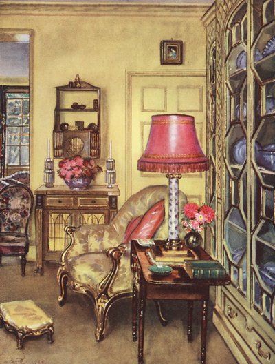 Decoração interior: Uma pequena sala de estar amarela (litografia a cores) de William Bruce Ellis Ranken