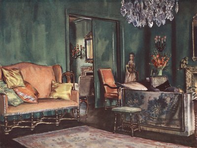 Decoração interior: Uma sala de estar com paredes verdes (litografia a cores) de William Bruce Ellis Ranken