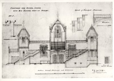 Detalhes de entradas, escadas, porta de câmara de forno e corrimãos, (nova escola grande), escola de rugby, 1844 (tinta preta, lápis und wc) de William Butterfield