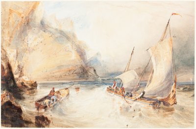 Barcos de pesca franceses ao largo de uma costa rochosa de William Callow