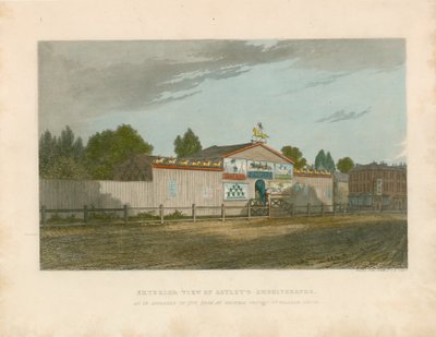 Vista exterior do Anfiteatro de Astley, como apareceu em 1777 de William Capon