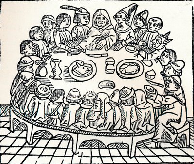Os Peregrinos de Canterbury sentados para uma refeição compartilhada, 1485 de William Caxton