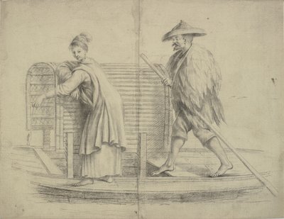 cena chinesa. Homem e mulher em um barco no rio de William Chambers