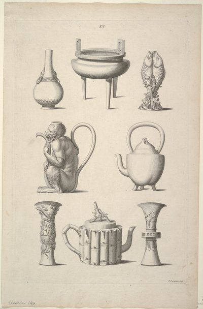 Desenhos para Louça, Placa XV de Desenhos de Construções Chinesas, Móveis, Vestidos, Máquinas e Utensílios. de William Chambers