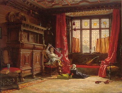 Um cavaleiro em um interior escuro, um pássaro na espada, 1843 de William Collingwood