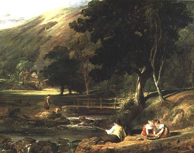 Borrowdale, Cumberland, com crianças a brincar por uma corrente de William Collins