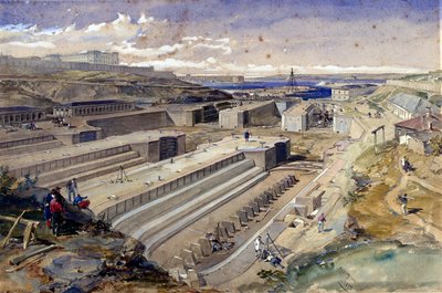 Docas em Sebastopol com ruínas de Fort St Paul, 1855 de William Crimea Simpson