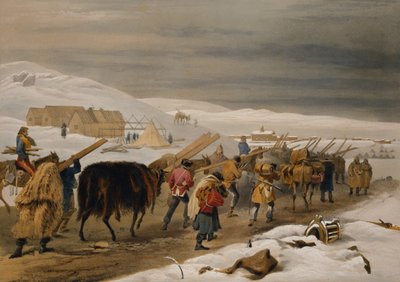 Cabanas e roupas quentes para o Exército, prato do "The Seat of War no Oriente", pub. por Paul e Dominic Colnaghi und Co., 1856 de William Crimea Simpson