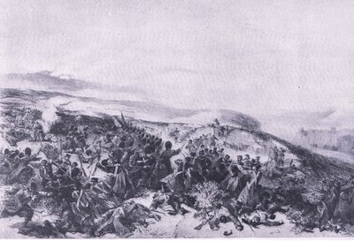 Segunda acusação dos Guardas, quando retomou as duas baterias de armas na Batalha de Inkerman, ilustração das Batalhas Britânicas na Terra e no Mar, 1915 de William Crimea Simpson