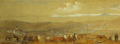 A Crimeia: vista panorâmica de Sebastopol mostrando os acampamentos militares e o porto; e uma vista panorâmica de Inkerman mostrando um acampamento militar e cavalaria ao amanhecer, de William Crimea Simpson