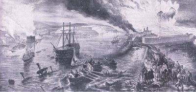 A queda de Sebastopol e a retirada dos russos, 8 de setembro de 1855, ilustração das Batalhas Britânicas na Terra e no Mar, 1915 de William Crimea Simpson