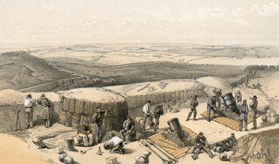 As novas obras no cerco de Sebastopol no ataque certo, da bateria de morteiro à direita da bateria de Gordon de William Crimea Simpson