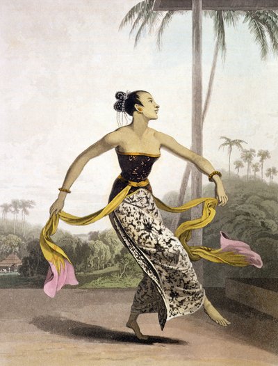 Um Ronggeng ou Dancing Girl, prato 21 do vol. I de "A História de Java", de Thomas Stamford Raffles (1781-1826), pub. 1817 (aquatinta) de William Daniell