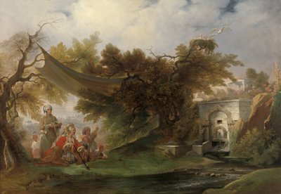 Paisagem indiana com figuras perto de um riacho (óleo sobre tela) de William Daniell