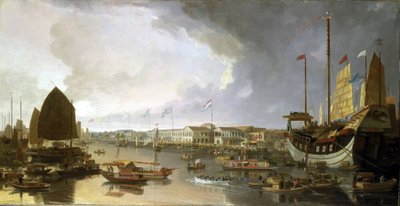 Panorâmica das fábricas europeias em Cantão (China), com descrições da navegação no rio Guangdong (ou rio das Pérolas) e uma grande variedade de barcos de William Daniell