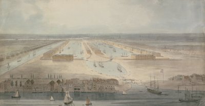 The New Docks, Isle of Dogs (lápis, tinta e lavagem sobre papel) de William Daniell