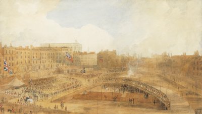 O Príncipe de Gales lançando a pedra fundamental do Theatre Royal, Covent Garden, 31 de dezembro de 1808 (lápis, caneta e tinta marrom e aquarela intensificados com toques de cor corporal e riscados) de William Daniell