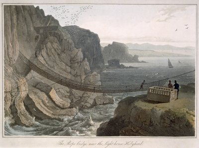 A ponte de corda perto do farol, Holyhead, de &39;Uma viagem ao redor da Grã-Bretanha, realizada entre os anos de 1814 e 1825&39;, publicada em 1829 de William Daniell