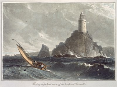 O Farol Longships de Lands End, na Cornualha, do Volume I de "Uma Viagem pela Grã-Bretanha Realizada entre os Anos 1814 e 1825", publicado em 1814 (aquatint) de William Daniell