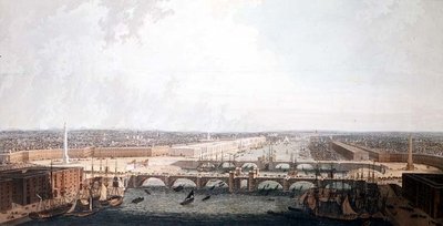 Vista de Londres com as melhorias do seu porto e a ponte dupla de Londres. Submetido ao Select Committee of the House of Commons por William Daniel (aquatint) de William Daniell