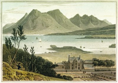 Vista ocidental da ilha de Raasay (Escócia), com descrição de um grande edifício e dos jardins adjacentes. Gravura a cores de William Daniell (1769-1837) de William Daniell