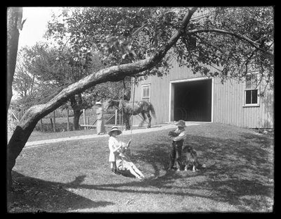 Filhos da família McCready com um cachorro e um cachorrinho reunidos em volta de um balanço de corda fora de um celeiro, c.1913 de William Davis Hassler