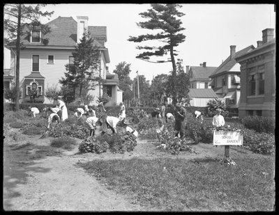 Crianças trabalhando no jardim na filial de Poppenhusen da Biblioteca Pública de Queens Borough, 14 de agosto de 1915 de William Davis Hassler