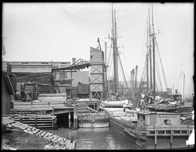 Docas, e, barcos, ligado, waterfront não identificado, possivelmente, rio harlem, inwood, nova iorque, c.1910 de William Davis Hassler
